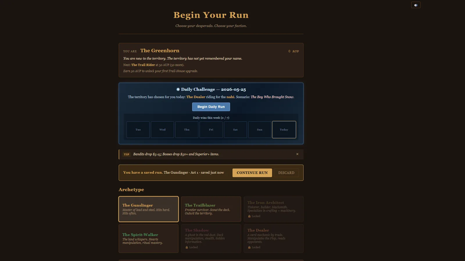 Burn Pile's run-start screen, with archetype selection and the daily challenge.