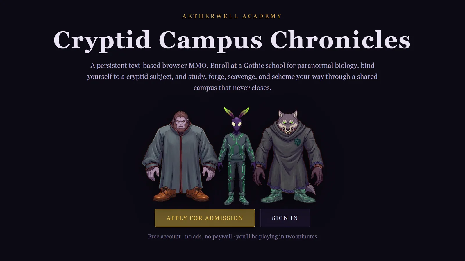 Three cryptid students — a Bigfoot, a Mothman and a Werewolf — standing in Aetherwell Academy robes.