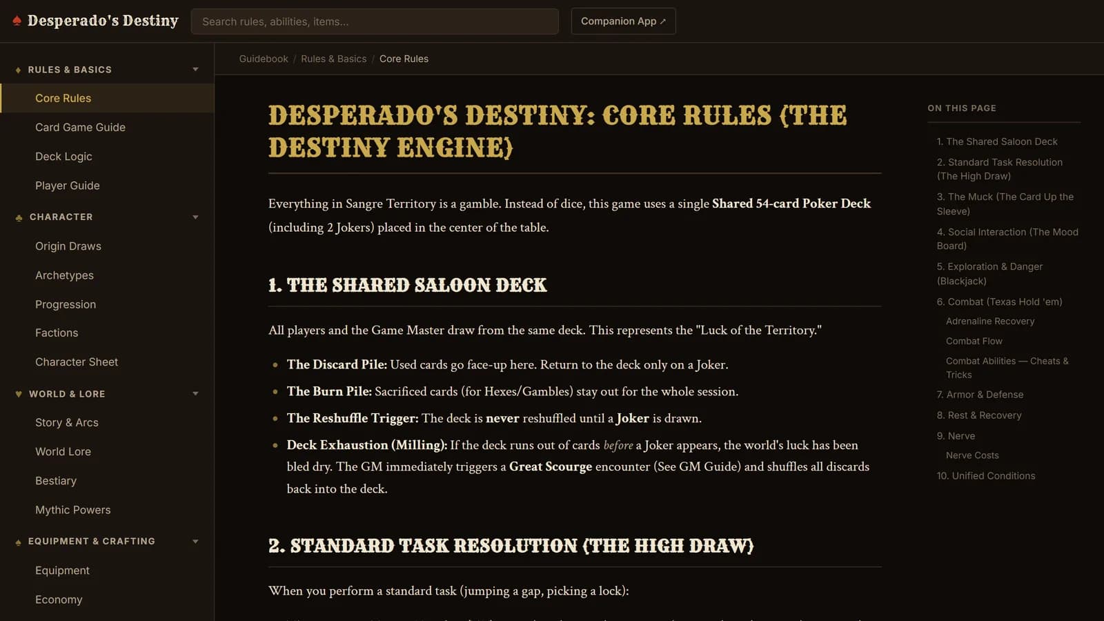 The Desperado's Destiny guidebook, showing its chapter navigation by suit.